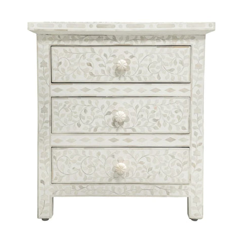 Jaipuri Floral Bone Inlay 3-Drawer Bedside Table | Artisan Nightstand – Oakvello