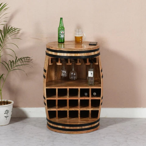 Jaipuri Natural Mango Wood Barrel Wine Bar Cabinet | Home Bar Storage – Oakvello