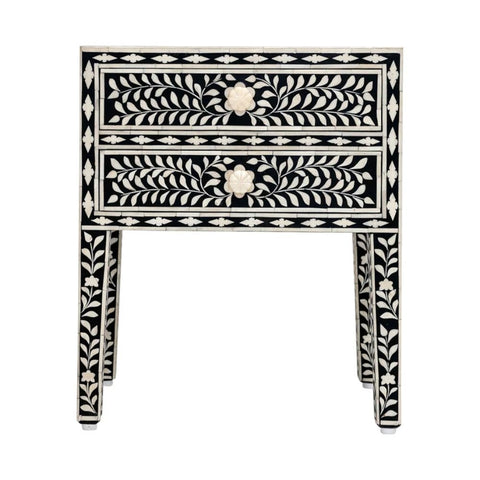 Ajmeri Black Floral Bone Inlay 2-Drawer Bedside Table – Oakvello