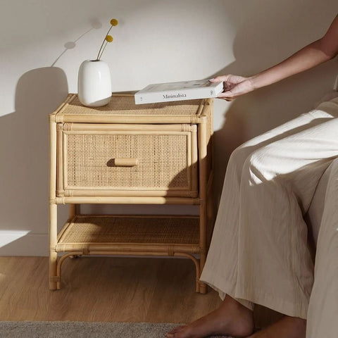 Rattan Solid Wood Bedside Table | Boho Bedroom Nightstand – Oakvello