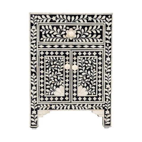 Ajmeri Black Floral Bone Inlay Bedside Table with Cabinet – Oakvello