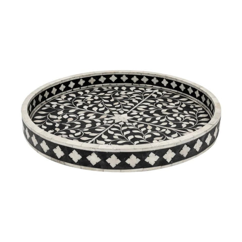 Ajmeri Black Floral Bone Inlay Round Tray | Handcrafted Decor – Oakvello