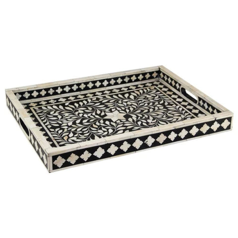 Ajmeri Black Floral Bone Inlay Decorative Tray | Handcrafted Accent – Oakvello