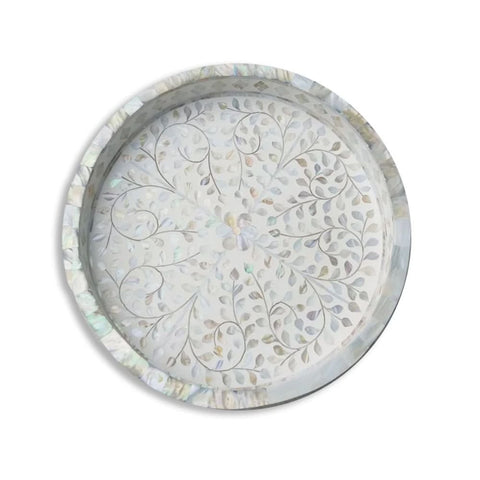 Ajmeri Mother of Pearl Floral Round Tray | Handcrafted Decorative Accent – Oakvello