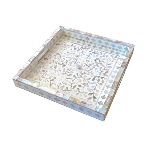 White Floral Mother of Pearl Decorative Tray | Handcrafted Artisan Accessory – Oakvello