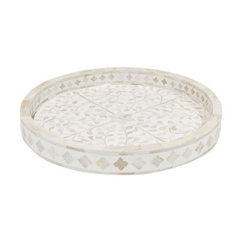 White Floral Bone Inlay Round Tray | Handcrafted Artisan Decorative Accessory – Oakvello