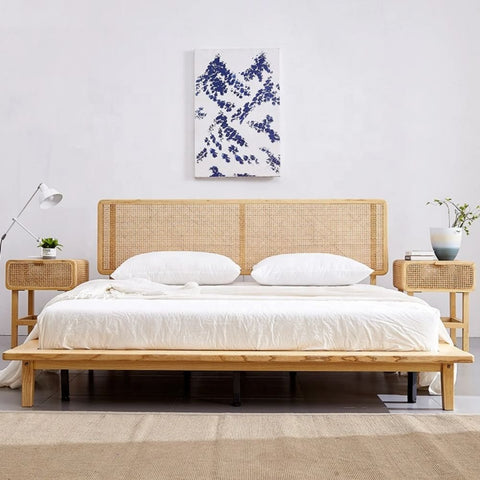 Ajmer Solid Wood Cane Rattan Bed | Handcrafted Bedroom Furniture – Oakvello