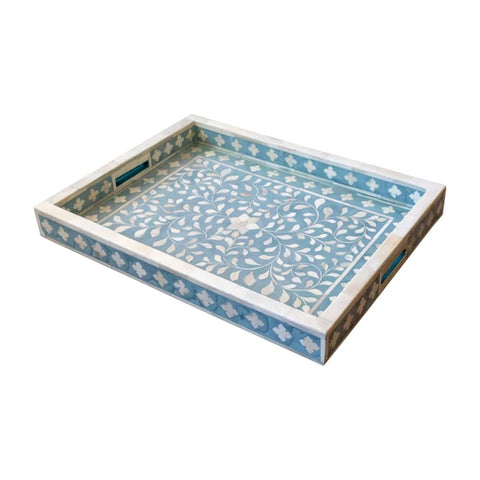 Dusty Blue Floral Bone Inlay Decorative Tray | Handcrafted Artisan Accessory – Oakvello