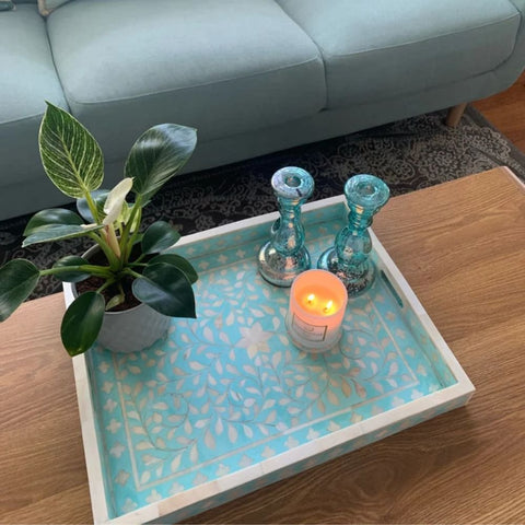 Aqua Green Floral Bone Inlay Decorative Tray | Handcrafted Artisan Accessory – Oakvello