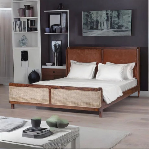Jodhpur Solid Wood Bed with Cane | Handcrafted Rattan Bedroom Furniture – Oakvello