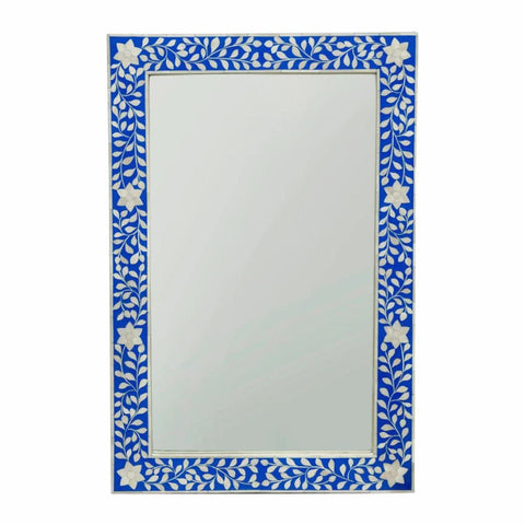 Blue Floral Bone Inlay Rectangle Mirror | Handcrafted Artisan Wall Decor – Oakvello