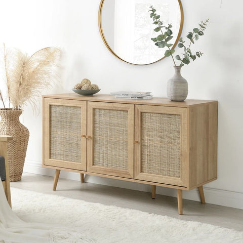 Jaipur Natural Rattan 3-Door Sideboard | Boho Solid Wood Storage – Oakvello