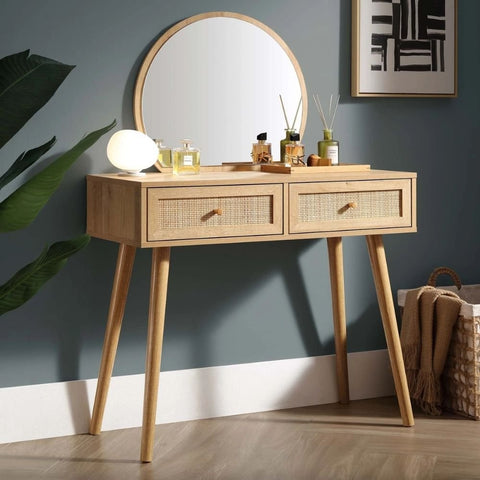 Natural Rattan Dressing Table with Mirror | Boho Bedroom Vanity Furniture – Oakvello