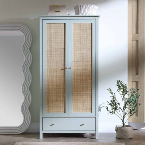 Rattan & Solid Wood Double Wardrobe with 1 Drawer | Boho Bedroom Storage – Oakvello