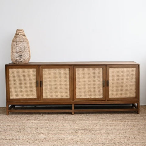 4-Door Natural Wood Sideboard | Solid Wood Living Room Storage – Oakvello