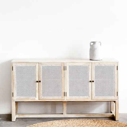 4-Door Whitewash Sideboard | Rustic Solid Wood Living Room Storage – Oakvello
