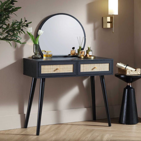 Black Rattan Dressing Table with Mirror | Boho Bedroom Vanity Furniture – Oakvello
