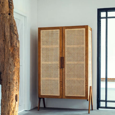 Rattan & Solid Wood Storage Cabinet | Boho Living Room Furniture – Oakvello