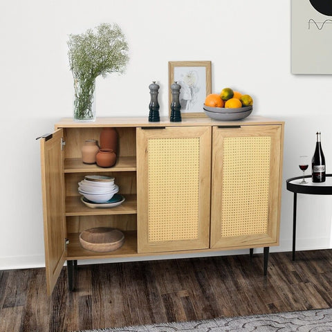 Solid Wood Storage Cabinet with 3 Rattan Doors | Boho Living Room Furniture – Oakvello