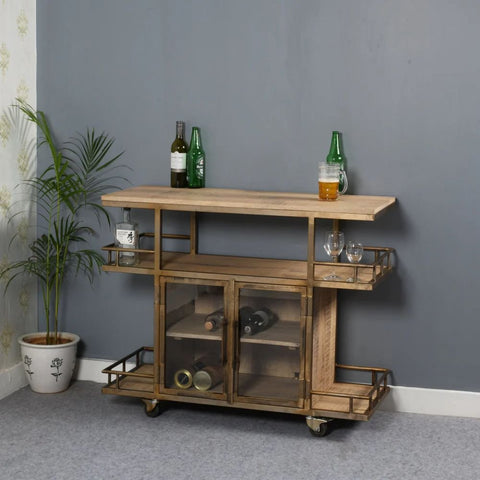 Jodhpuri Natural Wood Wine Trolley with Double Door Storage | Home Bar – Oakvello