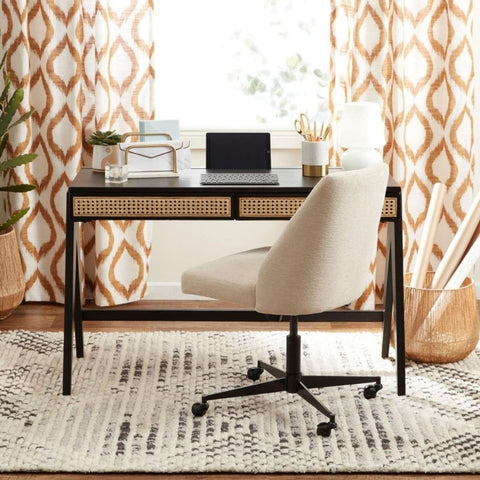 Rattan & Solid Wood Study Desk | Boho Home Office Writing Table – Oakvello
