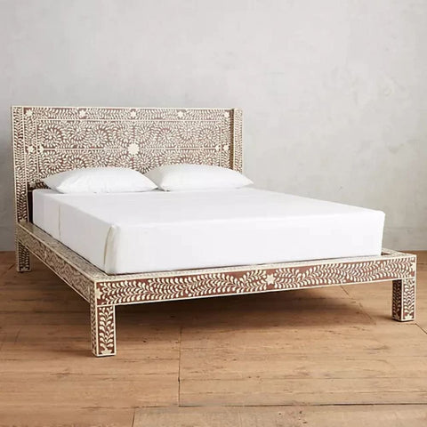Brown Bone Inlay Solid Wood Bed | Handcrafted Luxury Bedroom Furniture – Oakvello