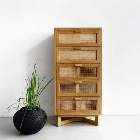 Jaipuri Natural Rattan Chest of Drawers | Boho Solid Wood Bedroom Dresser – Oakvello
