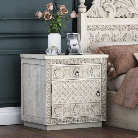 Hand Carved Solid Wood Bedside Table | Artisan Handcrafted Nightstand – Oakvello