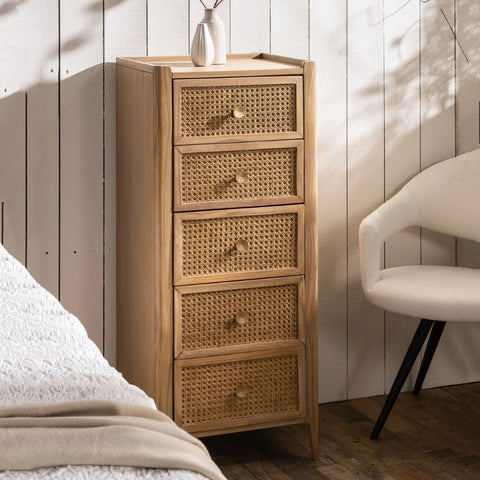 Bali Solid Wood 5-Drawer Tall Chest | Bedroom Storage Dresser – Oakvello