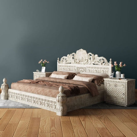 Indian Hand Carved Solid Wood Bed | Heritage Handcrafted Bedroom Furniture – Oakvello