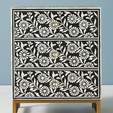 Jaipuri Black Bone Inlay Nightstand | Handcrafted Luxury Bedside Table – Oakvello