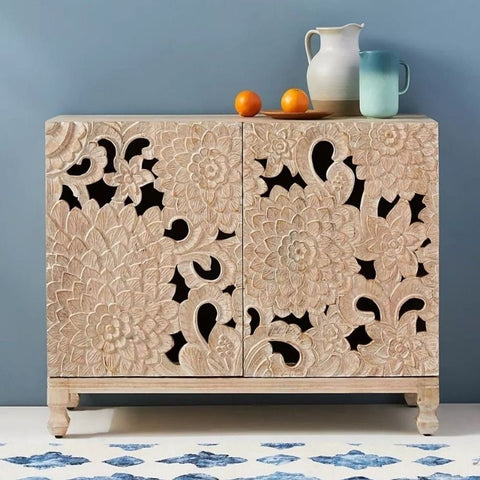 Hand Carved Solid Wood Entryway Cabinet | Artisan Hallway Storage – Oakvello