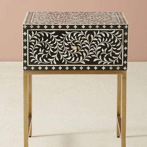 Jaipuri Black Bone Inlay Bedside Table | Handcrafted Luxury Nightstand – Oakvello
