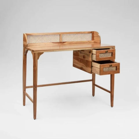 Jodhpuri Teak Wood & Cane Study Table | Handcrafted Home Office Desk – Oakvello