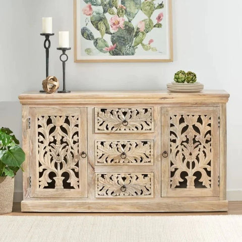 Hand Carved Solid Wood Sideboard | Artisan Living Room Storage – Oakvello