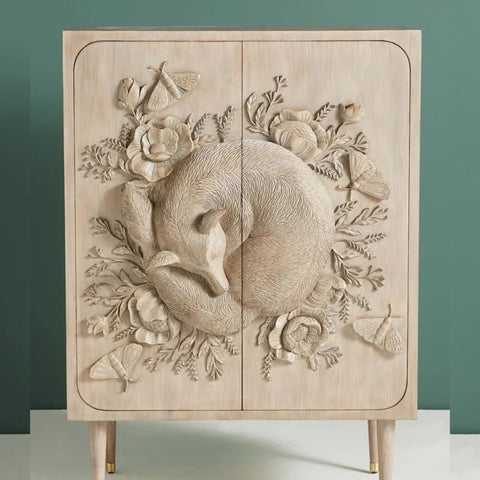 Hand Carved Land & Sky Bar Cabinet | Fox Design Solid Wood – Oakvello