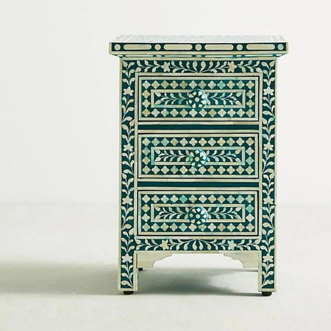 Ajmeri Teal Green Floral Bone Inlay 3-Drawer Bedside Table – Oakvello