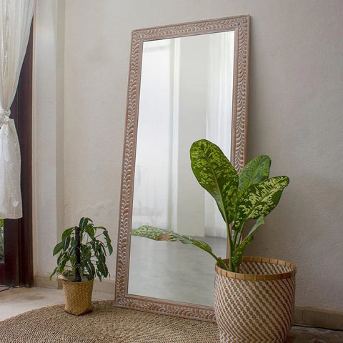 Hand Carved Natural Wash Solid Wood Mirror | Artisan Wall Decor – Oakvello