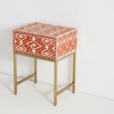 Ajmeri Orange Bone Inlay Bedside Table | Handcrafted Nightstand – Oakvello