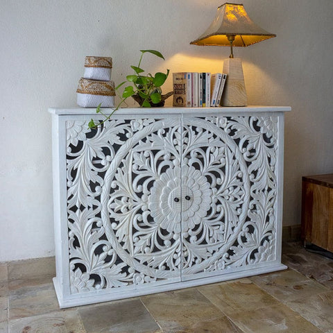 White Carved Solid Wood Sideboard | Artisan Living Room Storage – Oakvello