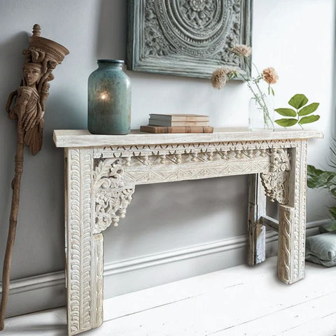 White Wash Carved Solid Wood Console Table | Artisan Entryway Furniture – Oakvello