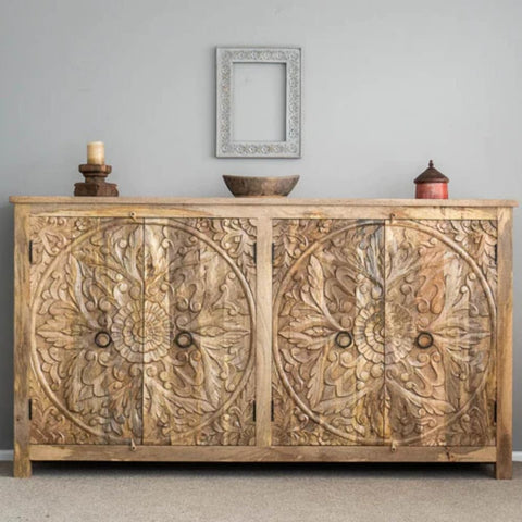 Hand Carved Artisanal Solid Wood Sideboard | Handcrafted Living Room Storage – Oakvello