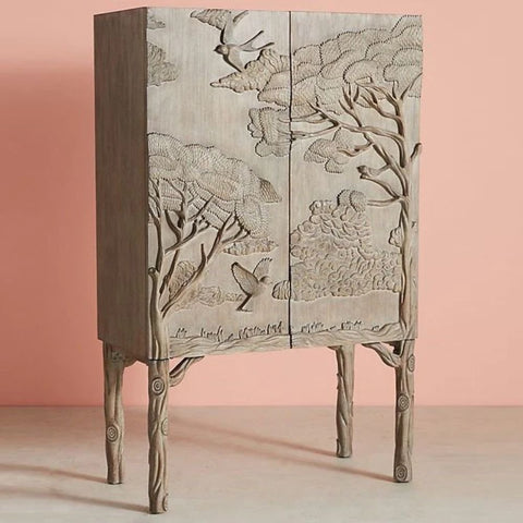 Hand Carved Land & Sky Bar Cabinet | Artisan Solid Wood Home Bar – Oakvello