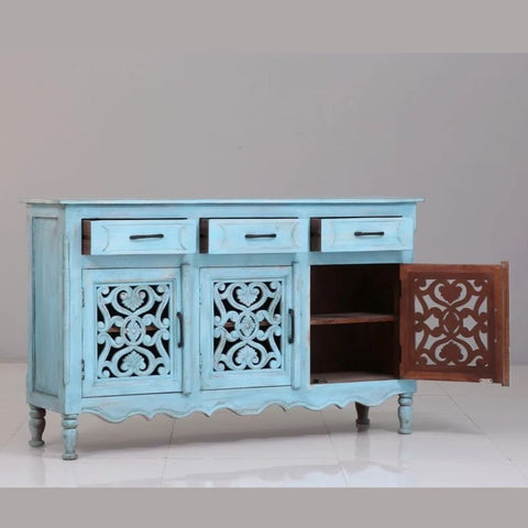 Vintage Carved Solid Mango Wood Cabinet & Sideboard with 3 Drawers – Oakvello