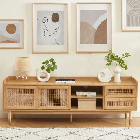 Solid Wood & Cane TV Cabinet | 2 Doors & 2 Drawers Media Console – Oakvello