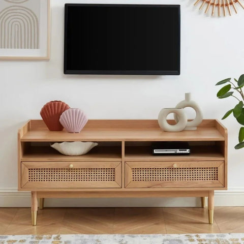 Solid Wood & Cane 2-Drawer TV Cabinet | Boho Media Console – Oakvello