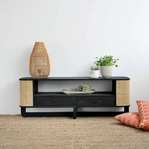Solid Wood TV Unit with Cane Work | Boho Media Console & Living Room Storage – Oakvello