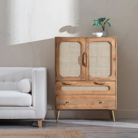 Solid Sheesham Wood & Rattan Sideboard | Boho Living Room Storage – Oakvello