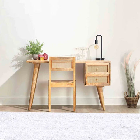 Rattan & Solid Wood Study Table | Boho Home Office Writing Desk – Oakvello