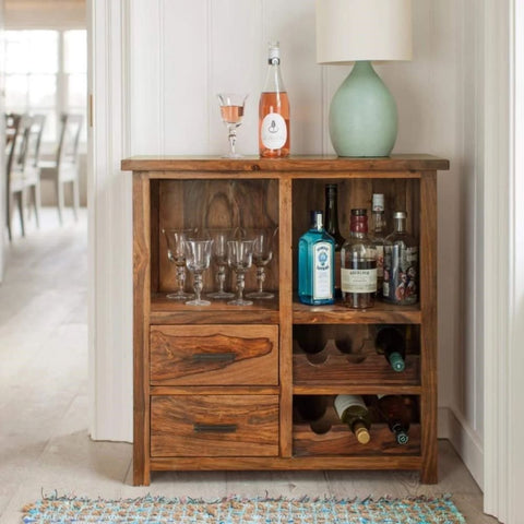Solid Sheesham Wood Bar Cabinet | Home Bar Storage Furniture – Oakvello